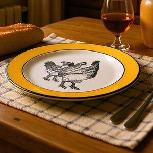 Primitive Artisan Yellow & White Chicken Design Yellow Rim Plate 8"